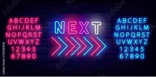 Next neon label with arrow. Glowing sign. Light pink and blue alphabet. Coming soon. Vector stock illustration