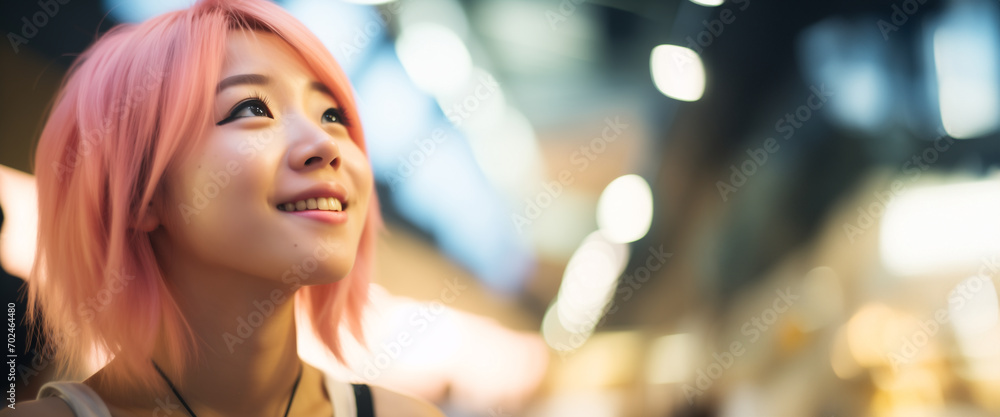 Ritratto di una giovane sorridente ragazza giapponese con capelli tinti di rosa in una città piena di luci di notte - obrazy, fototapety, plakaty 