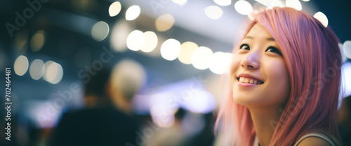 Ritratto di una giovane sorridente ragazza giapponese con capelli tinti di rosa in una città piena di luci di notte photo