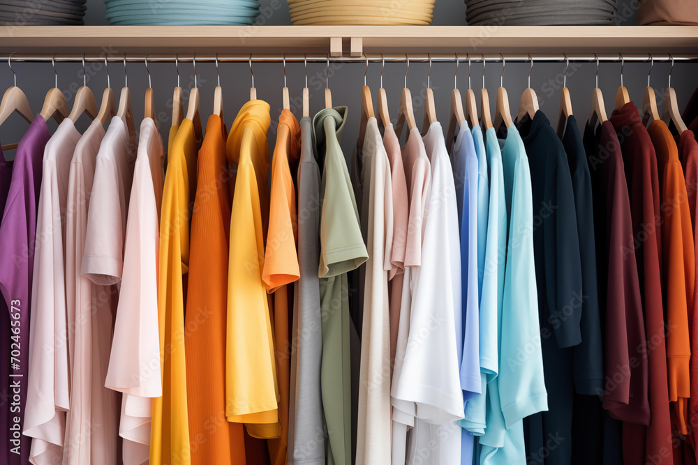 Casual colorful cotton clothes hanging on the rack wardrobe or closet interior decoration. Concept modern fashion life style. Generative AI Casual colorful cotton clothes hanging on the rack wardrobe or closet interior decoration. Concept modern fashion life style. Generative AI