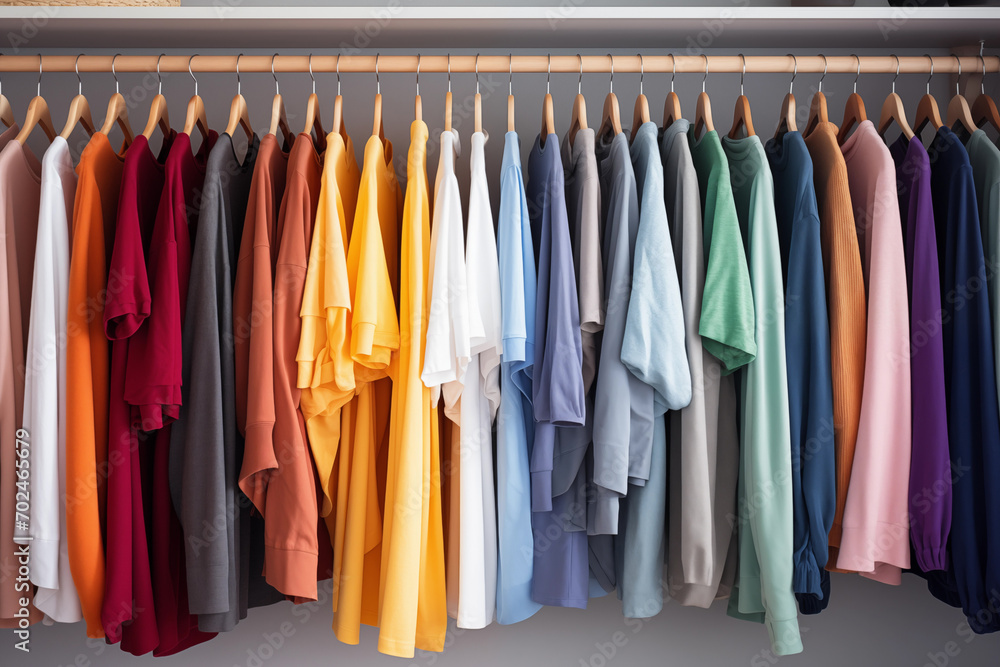 Casual colorful cotton clothes hanging on the rack wardrobe or closet interior decoration. Concept modern fashion life style. Generative AI Casual colorful cotton clothes hanging on the rack wardrobe or closet interior decoration. Concept modern fashion life style. Generative AI
