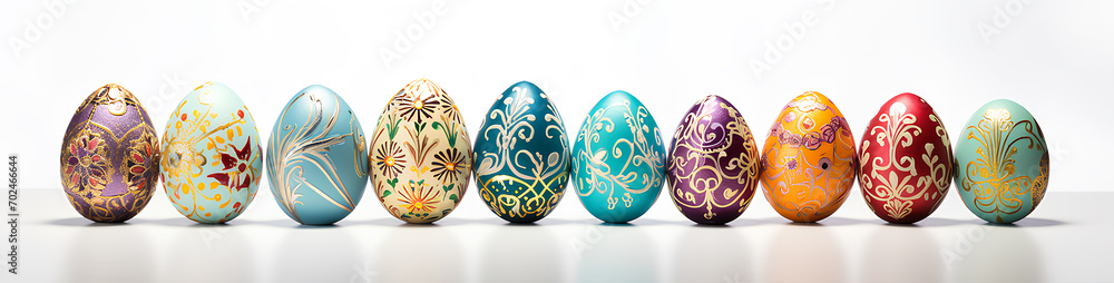 Colored Easter eggs isolated on white background, banner. Easter eggs painted in different colors. Colored Easter eggs isolated on white background, banner. Easter eggs painted in different colors.