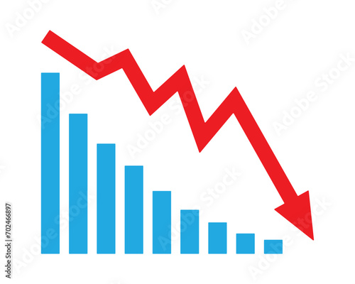 Red arrow going down stock icon on white background. Decrease, Bankruptcy, financial market crash icon for your web site design, logo, app, UI. graph chart downtrend symbol.chart going down sign.