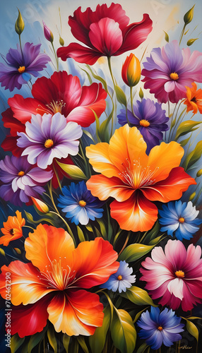 Beautiful canvas of vivid flowers in oil painting