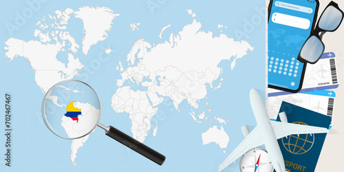Colombia is magnified over a World Map, illustration with airplane, passport, boarding pass, compass and eyeglasses.