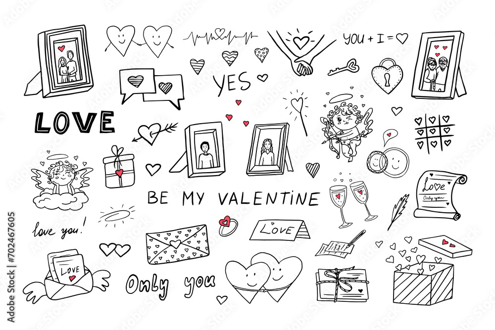 Big set doodle vector elements with hearts, love letters, envelopes with heart icons, frames photos, cupids for valentine's day cards, wedding day, posters, wrapping and design. Love story