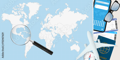 El Salvador is magnified over a World Map, illustration with airplane, passport, boarding pass, compass and eyeglasses.