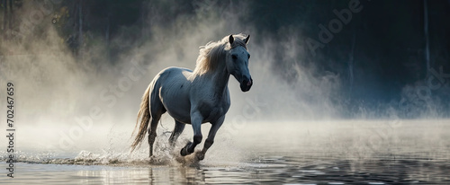 A withe horse running across a lake.