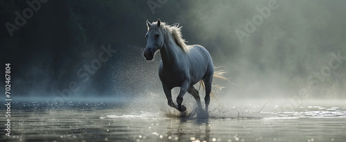 A withe horse running across a lake.