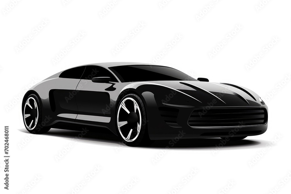 A black silhouette of a futuristic car on a white background.