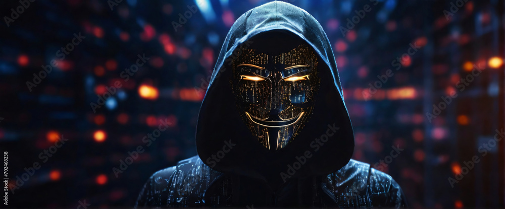hacking with a mesmerizing depiction of an anonymous hacker, their back presented in a half-turn, wearing a hoodie, seated in front of a commanding monitor, engrossed in the process of deciphering - obrazy, fototapety, plakaty 