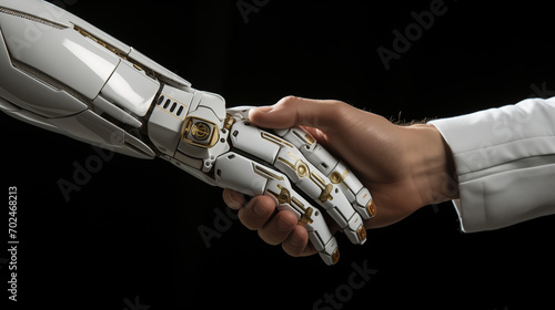 Handshake between robot and human. Generative AI.
