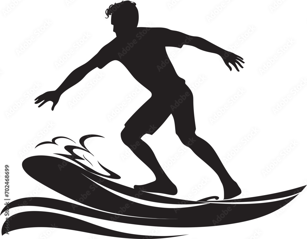 Surfing Mastery Black Logo of a Surfing Guy Ocean Flow Guy Surfing with Surfboard Emblem