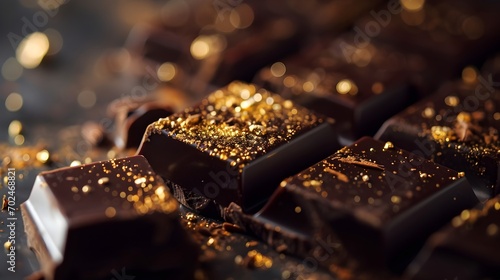 Gold Dust On Dark Chocolate Close Up. (Generative AI).