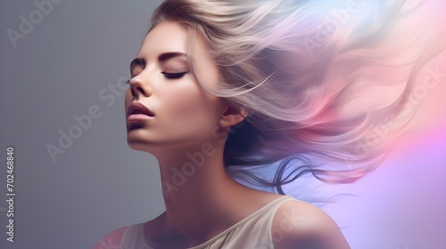 Holographic Hair Young Female Model Swaying In The Wind. (Generative AI).