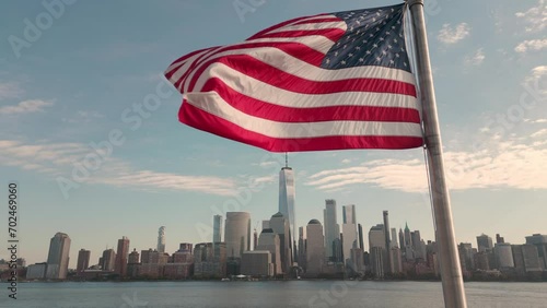 Aerial view NYC with American flag. 4th July Flag. Independence Day, fourth July. New York City, Hudson, Manhattan. Veterans Day. United states of America flags. American flag. USA flag.