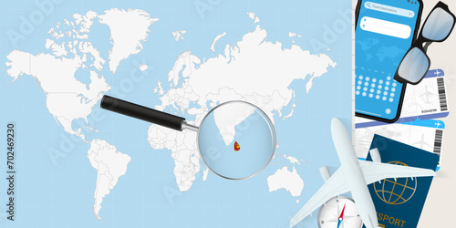 Sri Lanka is magnified over a World Map, illustration with airplane, passport, boarding pass, compass and eyeglasses.