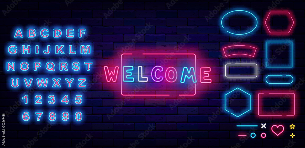 Welcome neon invitation. Glowing greeting card. Shiny blue alphabet. Colorful handwritten text. Vector illustration Welcome neon invitation. Glowing greeting card. Shiny blue alphabet. Colorful handwritten text. Vector illustration