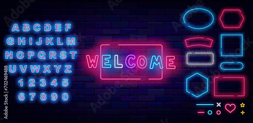 Welcome neon invitation. Glowing greeting card. Shiny blue alphabet. Colorful handwritten text. Vector illustration