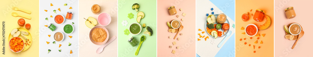 Collage of healthy baby food on color background - obrazy, fototapety, plakaty 