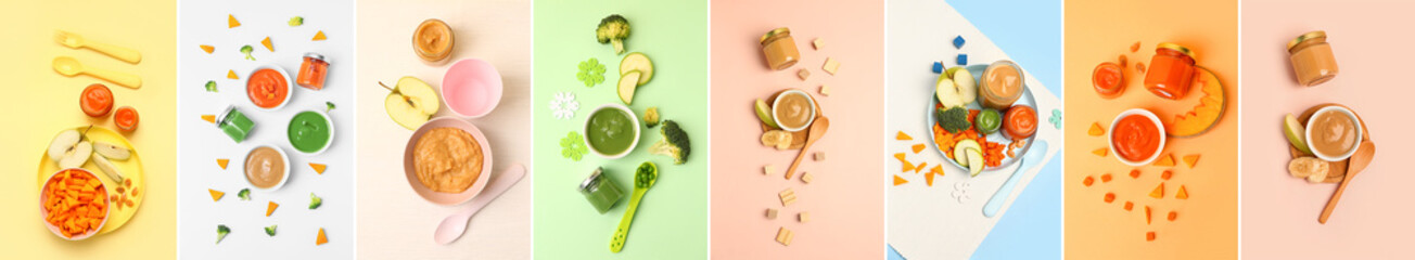 Collage of healthy baby food on color background