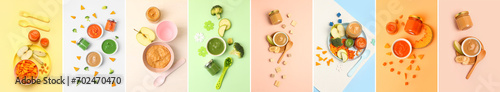 Collage of healthy baby food on color background photo