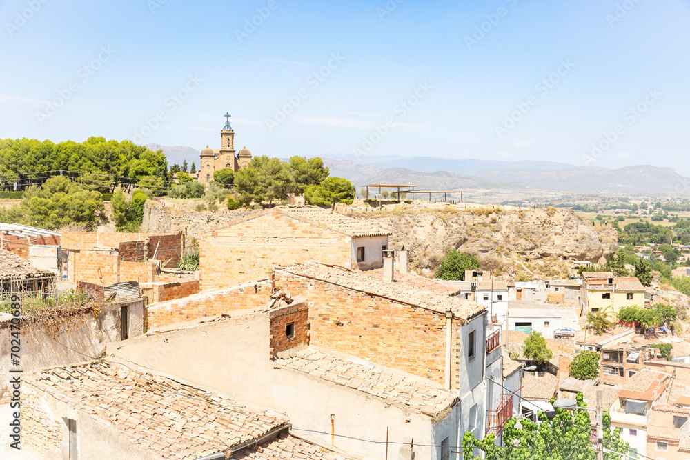 a view of the old town of Balaguer with the Sant Crist on top, comarca of Noguera, Province of Lleida, Catalonia, Spain