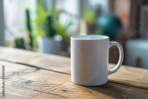 White blank coffee mug on the top of wooden table with blurred interior background. Blank coffee cup mug mockup template