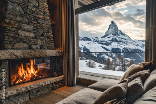 Luxury apartment with a fireplace, where a fire is burning, with a view of the ski slope through the window photo