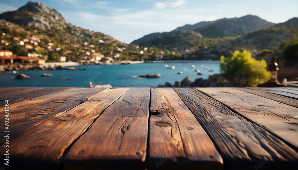 Wooden table overlooking a seaside town