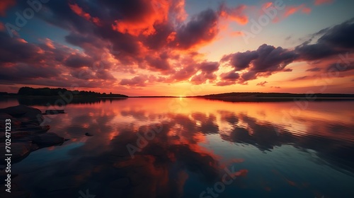 Sunset over a calm ocean  with hues of orange  pink  and purple painting the sky. Dark red sunset above seashore. Reflection of a fascinating sunset on the sea. Calm and beautiful