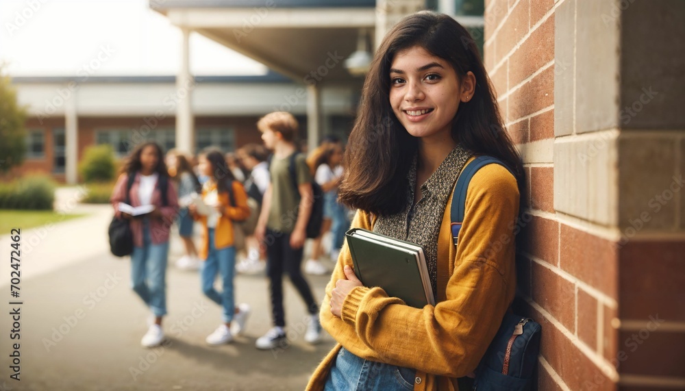 Beautiful young student leaning on wall, other students in background, high school campus scene - obrazy, fototapety, plakaty 