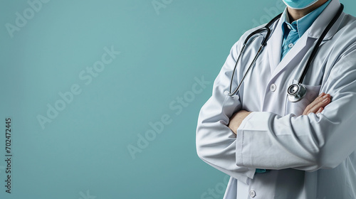 View doctor wearing stethoscope, no face , copy space for text 