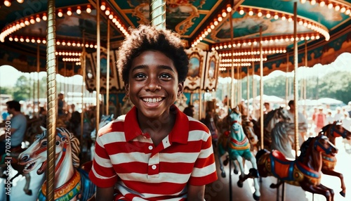 Carousel excitement, happy young boy on a merry-go-round at funfair