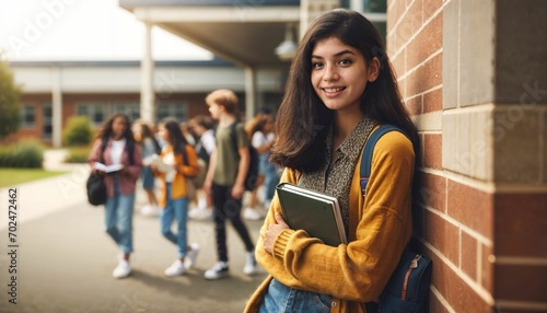Beautiful young student leaning on wall, other students in background, high school campus scene photo