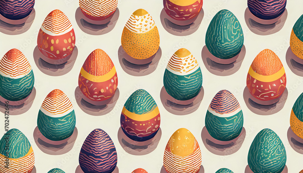 Pattern of easter eggs on white background, isometric angle view illustration
