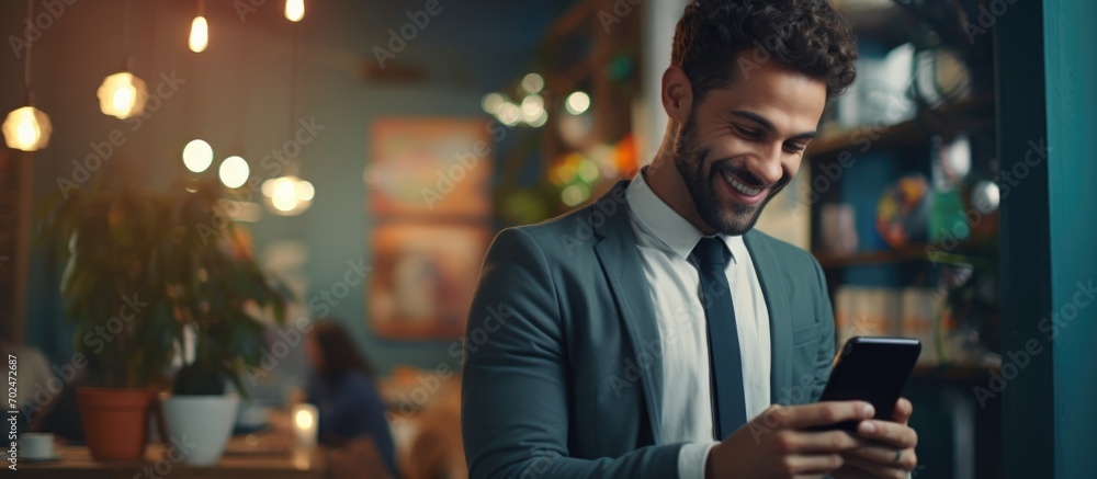 Happy office worker using phone, small business owner smiling.