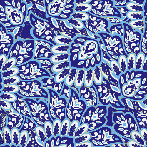 Floral fabric background with paisley ornament. Seamless vector pattern