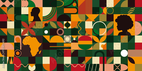 Bauhaus Black History Month holiday abstract geometric pattern  banner, wallpaper, web card .  celebration print design cover with African continent flag, african man and woman profile, 