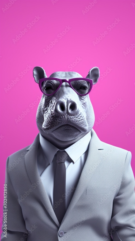A hippo wearing glasses and a suit