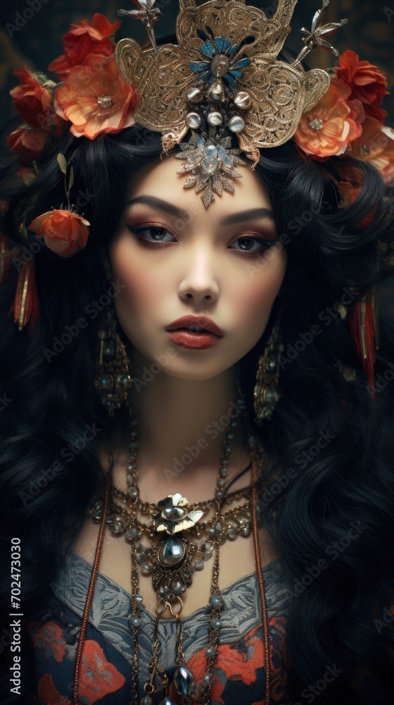 Fototapeta premium A woman with long black hair wearing a crown