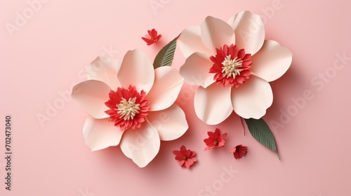 Two paper flowers on a pink background © Maria Starus
