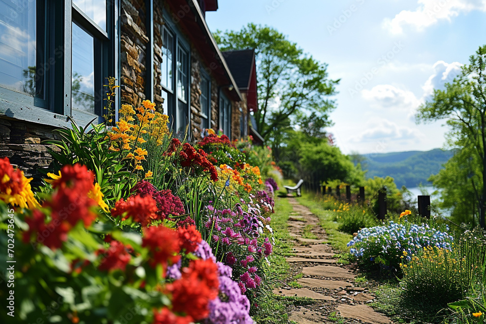 blooming countryside spring time resor, the vibrant spring landscape, flowers and lovely village house