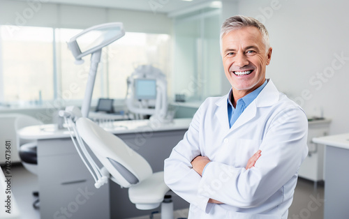 Handsome man doctor posing at newest dental clinic, copy space