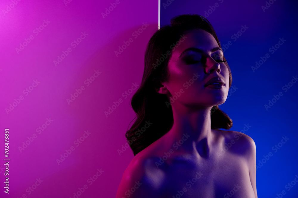 Fototapeta premium Photo of attractive flirty girl lean white board advertise sale discounts on nightclub disco private events