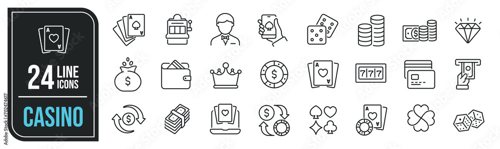 Casino simple minimal thin line icons. Related poker, gambling, jackpot, chips. Editable stroke. Vector illustration. Casino simple minimal thin line icons. Related poker, gambling, jackpot, chips. Editable stroke. Vector illustration.