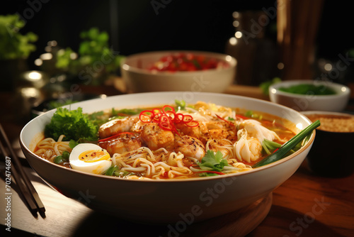 A bowl of spicy noodle soup with shrimps, laksa or ramen, ai generated