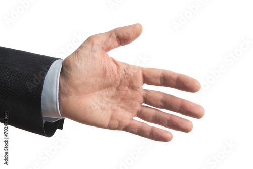 Male hand held out for a handshake. Business man hand closeup. Man's hand isolated. Welcome hand