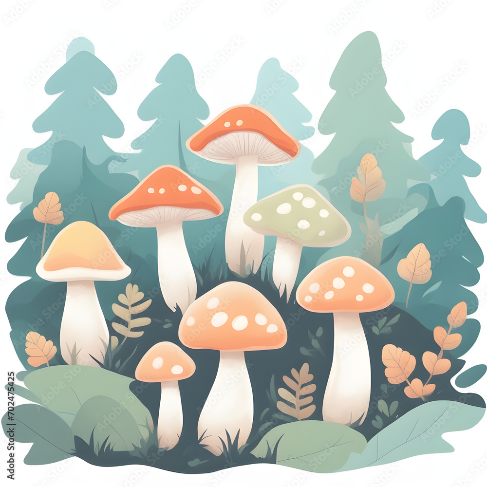 Mushroom in forest, cartoon, child book ilustration