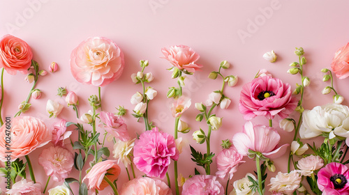 Ranunculus and sweet peas creating a delicate border on a pastel base, Women's day, pastel background, Flat lay, top view, with copy space